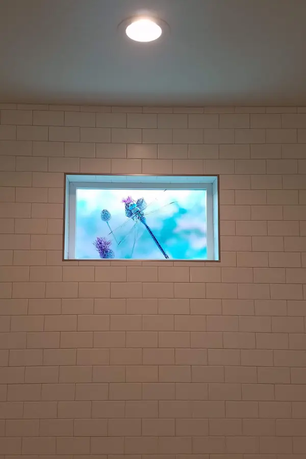 A decorative window set in a tile wall with a dragon fly on it