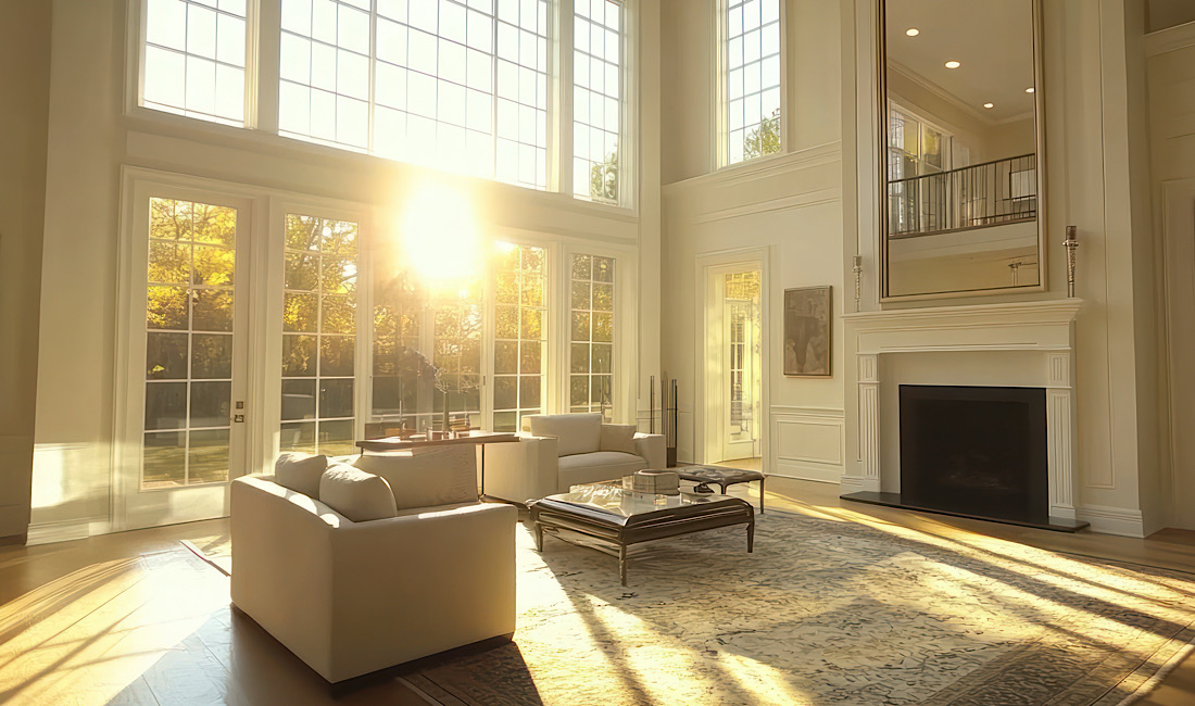 Living area with large open windows, sun shining in on living area.