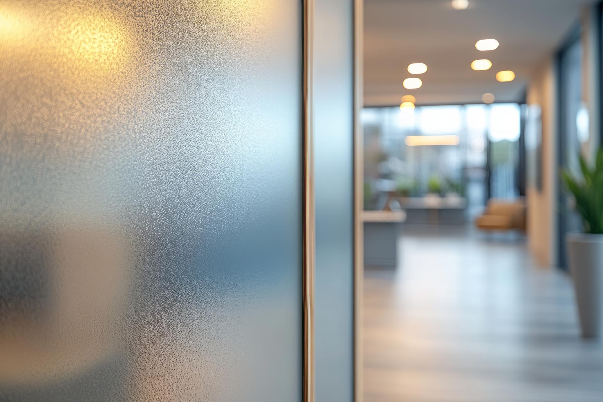 A modern office interior with a frosted glass partition, creating a serene atmosphere filled with natural light.