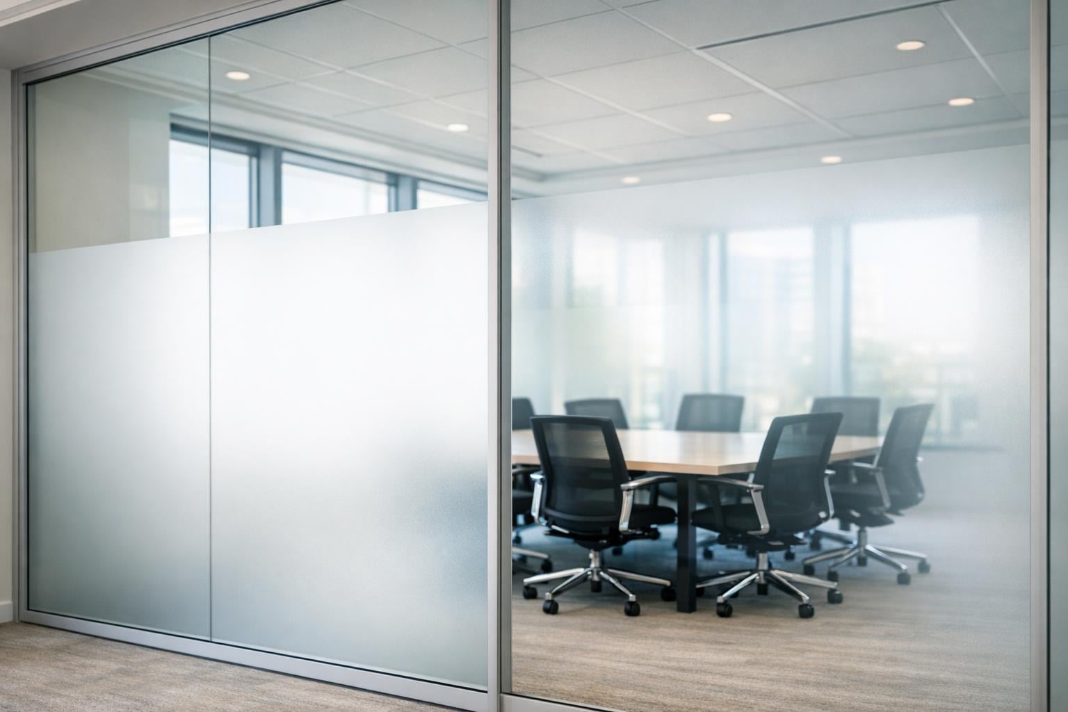 Professional stock photo of a bright, modern office conference room with frosted and gradient privacy film applied to glass walls, showcasing natural light and a clean, open layout.