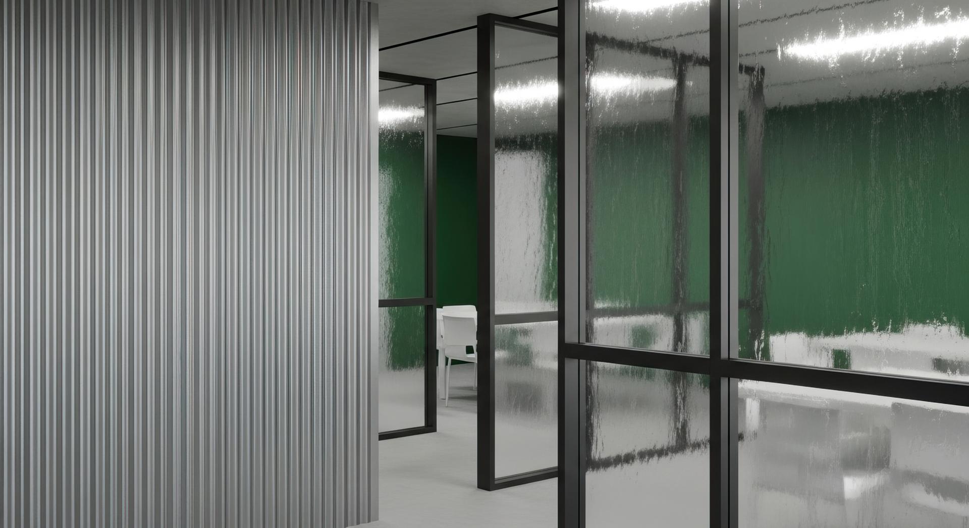 Modern Office Interior with Glass Partitions and Corrugated Metal Wall
