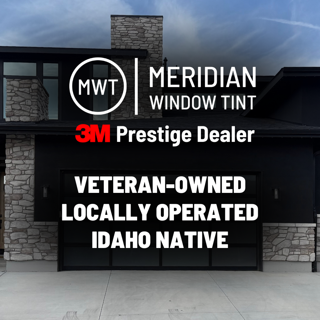 Meridian Window Tint logo over a residential home, highlighting veteran-owned, Idaho native window film installation company